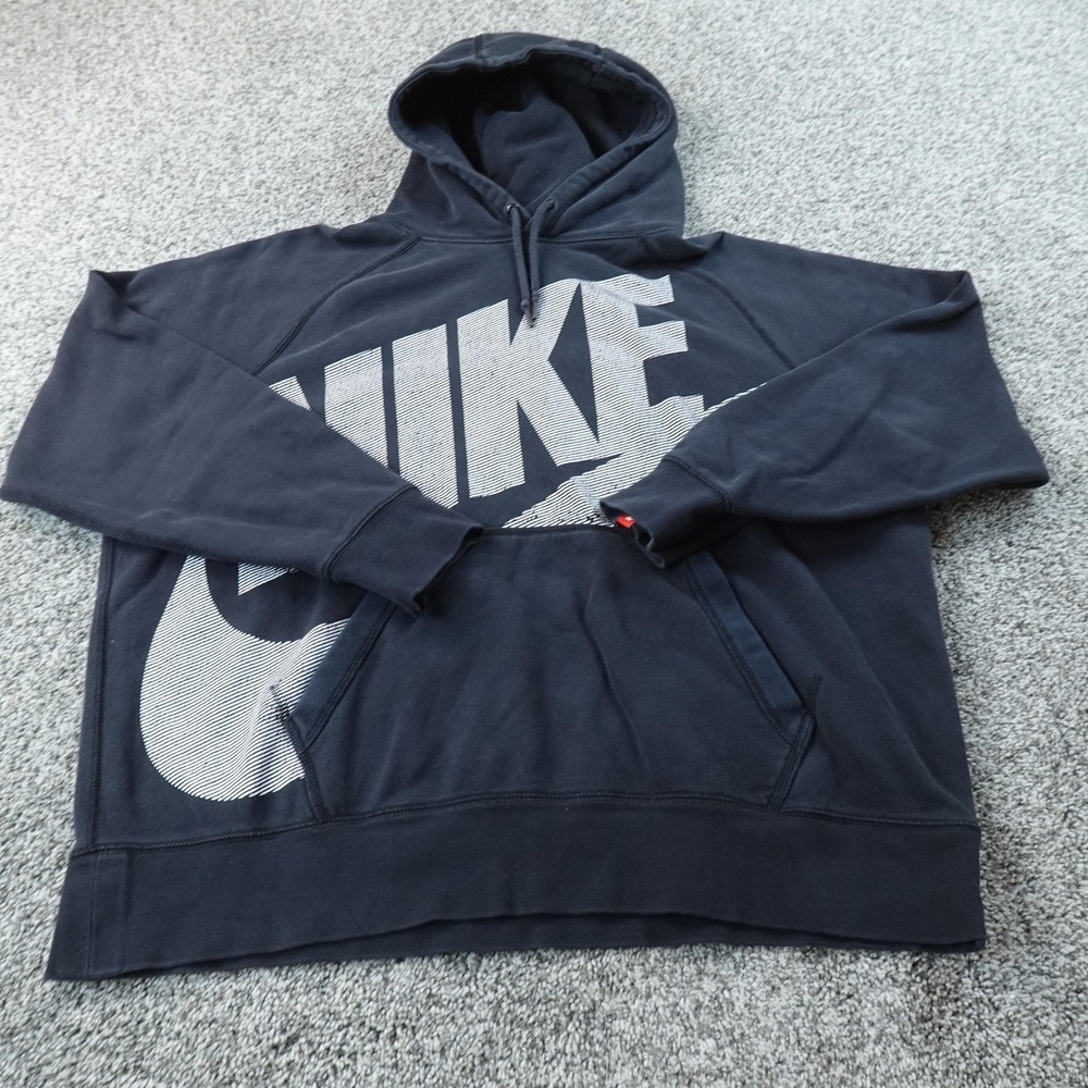 Nike Hoodie Mens XL Black Graphic Big Swoosh Logo Pullover Sweatshirt Fleece Gym